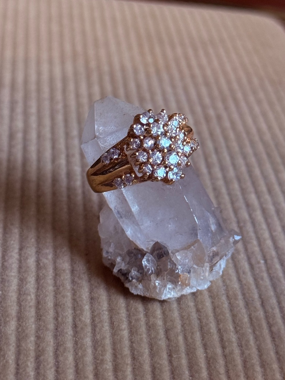 Vintage 925 Sterling Silver Gold plated crystal diamond waterfall cluster ring